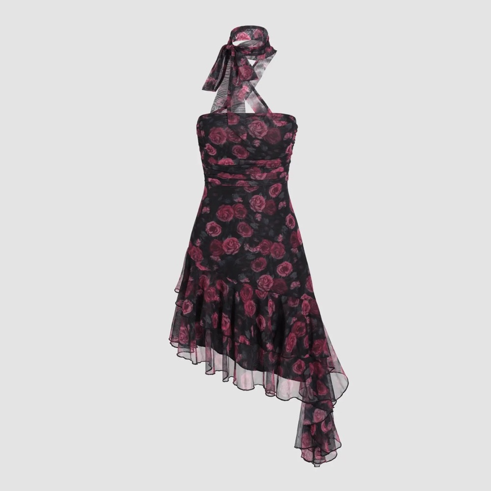 Rose print tube top mini dress